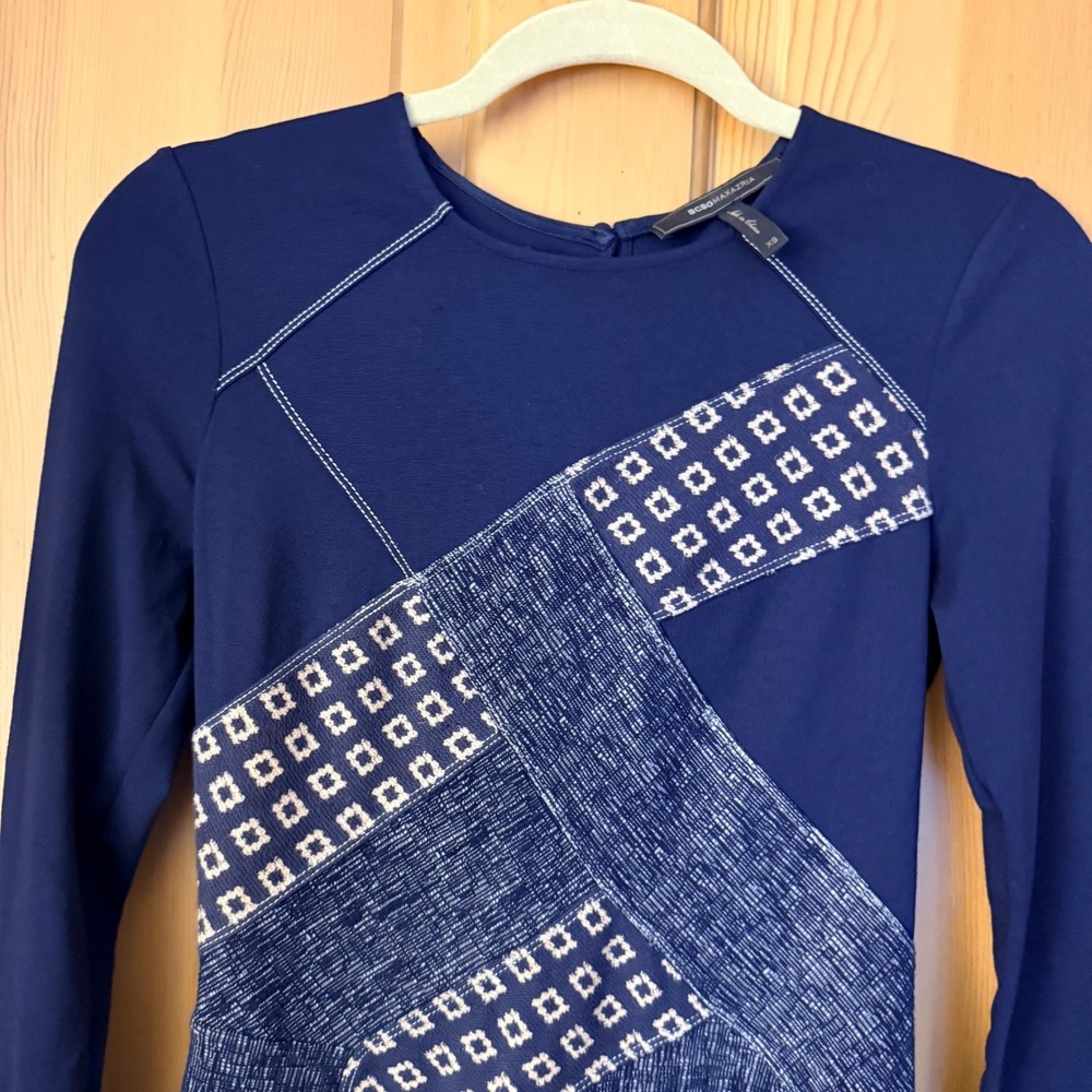 BCBGMAXAZRIA Mini Dress XS Navy Blue Mixed Media Patchwork Long Sleeve - Picture 14 of 16